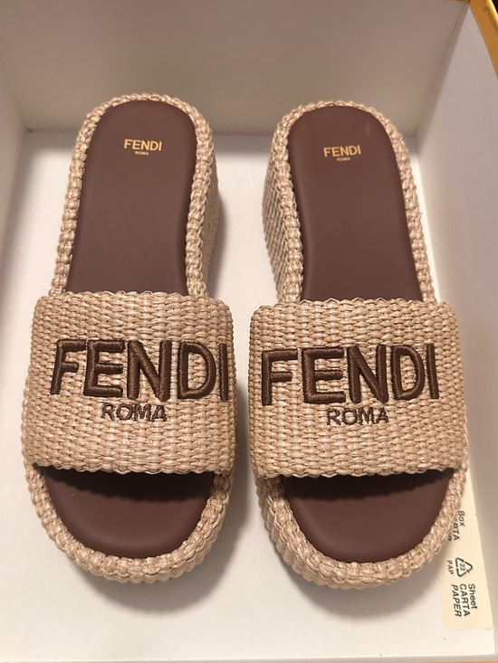 Fendi Shoes - Fendi Natural Raffia Slide Sandals with Brown Footbed